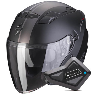 Open Face Scorpion Exo 230 SR Black Matt Silver Red + Kit Bluetooth BT Mini