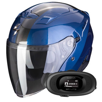 Open Face Scorpion Exo 230 SR Blue White + Kit bluetooth 5R Lite