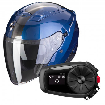 Open Face Scorpion Exo 230 SR Blue White + Kit Bluetooth 5S Solo