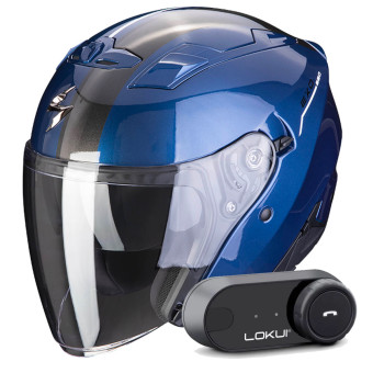 Open Face Scorpion Exo 230 SR Blue White + Kit Bluetooth Lokui K30