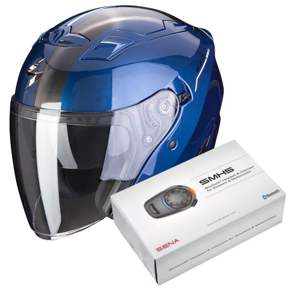 Open Face Scorpion Exo 230 SR Blue White + Kit Bluetooth SMH5
