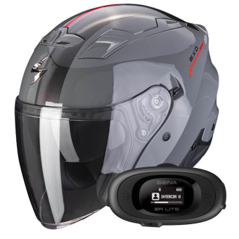 Open Face Scorpion Exo 230 SR Grey Cement Red + Kit bluetooth 5R Lite