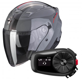 Open Face Scorpion Exo 230 SR Grey Cement Red + Kit Bluetooth 5S Solo