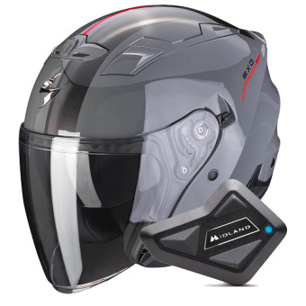 Open Face Scorpion Exo 230 SR Grey Cement Red + Kit Bluetooth BT Mini