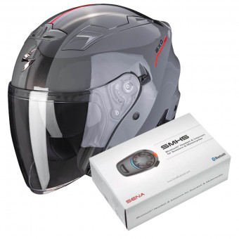 Open Face Scorpion Exo 230 SR Grey Cement Red + Kit Bluetooth SMH5