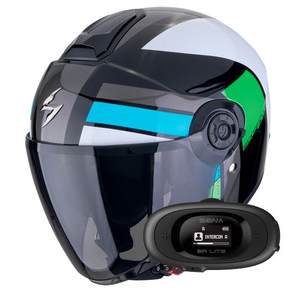 Open Face Scorpion Exo City II Blur Black White Green + Kit bluetooth 5R Lite