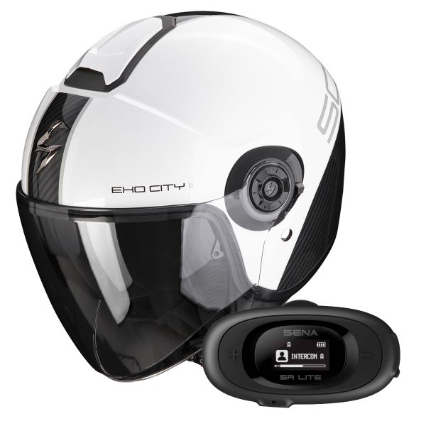 Open Face Scorpion Exo City II Carbo White Black + Kit bluetooth 5R Lite