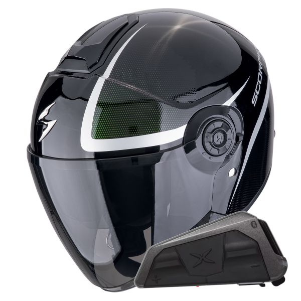 Open Face Scorpion Exo City II Intercity Black Chameleon + Exo-Com Link-1 Bluetooth Kit