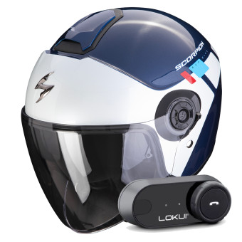 Open Face Scorpion Exo City II Mall Blue White Red + Kit Bluetooth Lokui K30