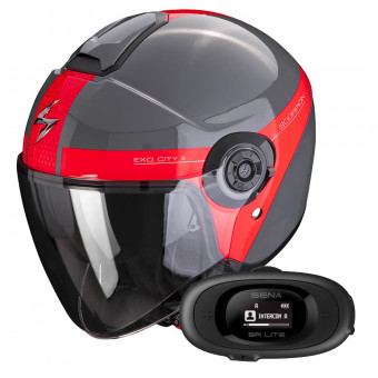 Open Face Scorpion Exo City II Short Grey Red + Kit bluetooth 5R Lite