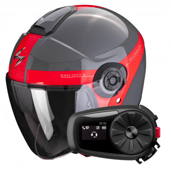 Open Face Scorpion Exo City II Short Grey Red + Kit Bluetooth 5S