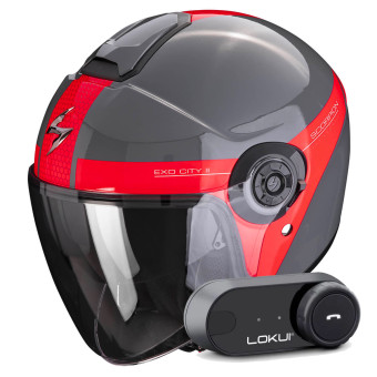 Open Face Scorpion Exo City II Short Grey Red + Kit Bluetooth Lokui K30