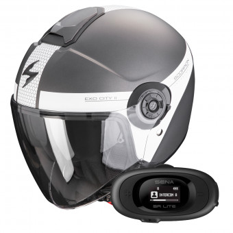 Open Face Scorpion Exo City II Short Matt Silver White + Kit bluetooth 5R Lite
