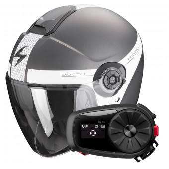 Open Face Scorpion Exo City II Short Matt Silver White + Kit Bluetooth 5S