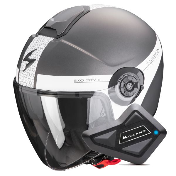 Open Face Scorpion Exo City II Short Matt Silver White + Kit Bluetooth BT Mini