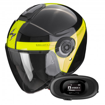 Open Face Scorpion Exo City II Short Metal Black Neon Yellow + Kit bluetooth 5R Lite