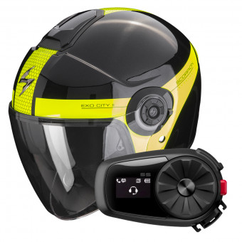 Open Face Scorpion Exo City II Short Metal Black Neon Yellow + Kit Bluetooth 5S