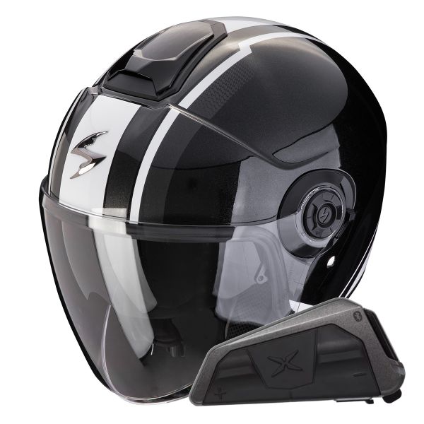 Open Face Scorpion Exo City II Vel Metal Black White + Exo-Com Link-1 Bluetooth Kit