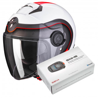 Open Face Scorpion Exo City Roll Pearl White Red + Kit Bluetooth Sena SMH5 Solo
