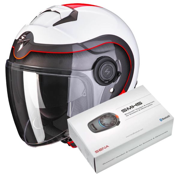 Open Face Scorpion Exo City Roll Pearl White Red + Kit Bluetooth Sena SMH5 Solo