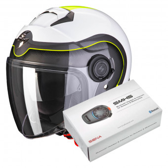 Open Face Scorpion Exo City Roll Pearl White Yellow Fluo + Kit Bluetooth Sena SMH5 Solo