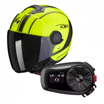Open Face Scorpion Exo City Scoot Neon Yellow Black + Kit Bluetooth Sena 5S Solo