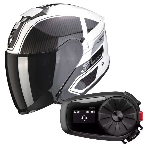 Open Face Scorpion Exo S1 Cross-Ville White Black Silver + Kit Bluetooth Sena 5S Solo
