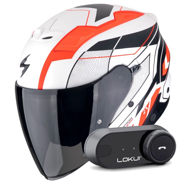 Open Face Scorpion Exo Z1 Vue Matt White Red Black + Kit Bluetooth Lokui K30