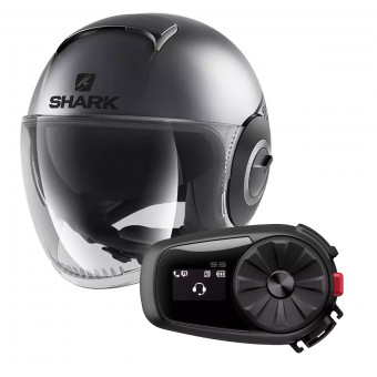 Open Face Shark Nano Street Neon Charcoal Grey Matt Black + Kit Bluetooth Sena 5S Solo