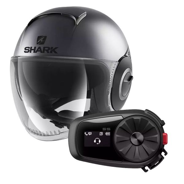 Open Face Shark Nano Street Neon Charcoal Grey Matt Black + Kit Bluetooth Sena 5S Solo