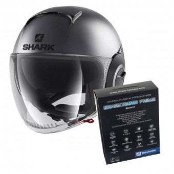 Open Face Shark Nano Street Neon Charcoal Grey Matt Black + Kit Bluetooth Sharktooth Pri