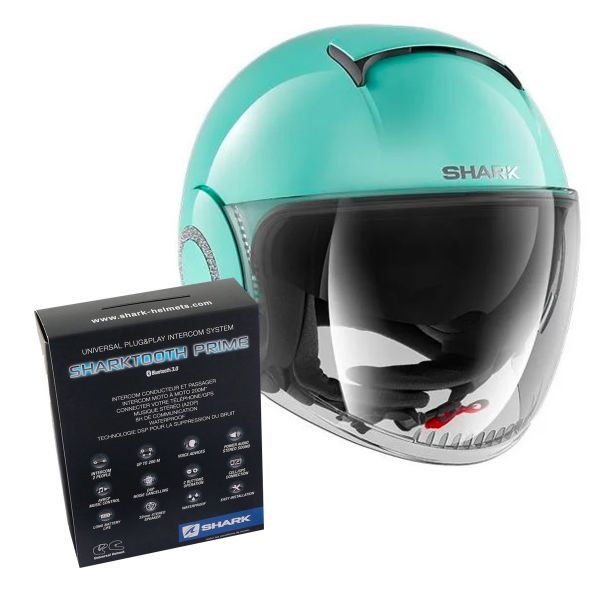 Open Face Shark Nano Swarovski Blank GRN + Kit Bluetooth Sharktooth Prime