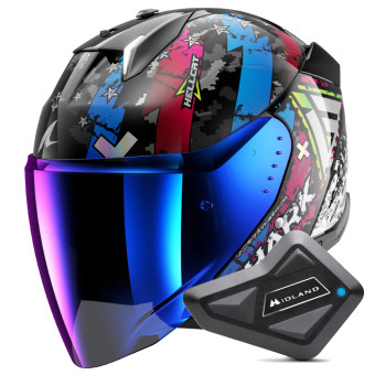 Open Face Shark Skwal i3 Jet Hellcat KUB + Kit Bluetooth BT Mini