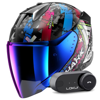 Open Face Shark Skwal i3 Jet Hellcat KUB + Kit Bluetooth Lokui K30