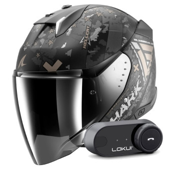 Open Face Shark Skwal i3 Jet Hellcat Mat KUA + Kit Bluetooth Lokui K30