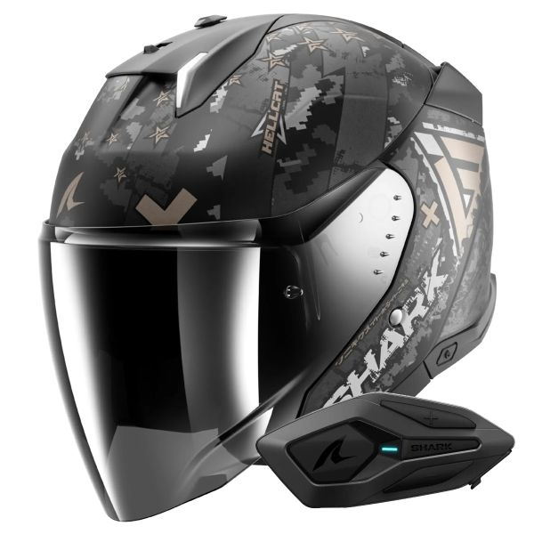 Open Face Shark Skwal i3 Jet Hellcat Mat KUA + Kit Bluetooth Sena for Shark