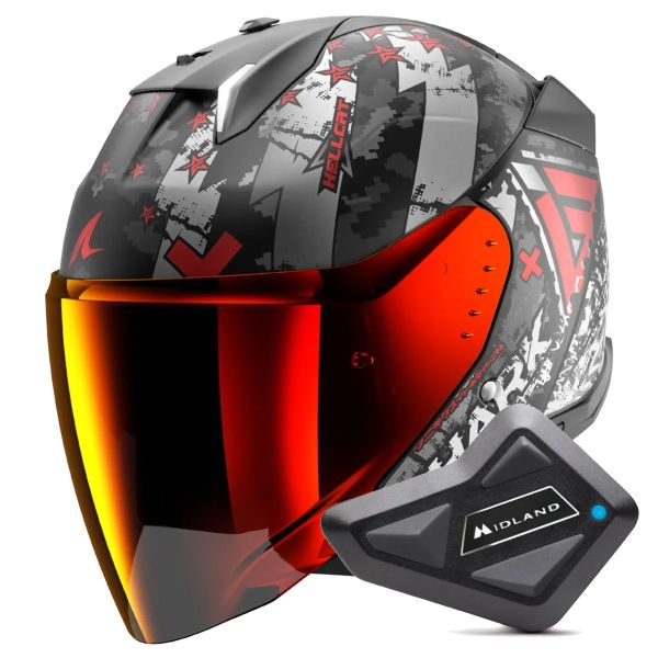 Open Face Shark Skwal i3 Jet Hellcat Mat KUR + Kit Bluetooth BT Mini