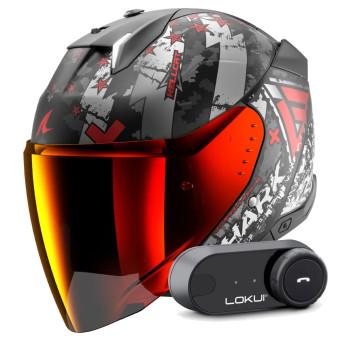 Open Face Shark Skwal i3 Jet Hellcat Mat KUR + Kit Bluetooth Lokui K30
