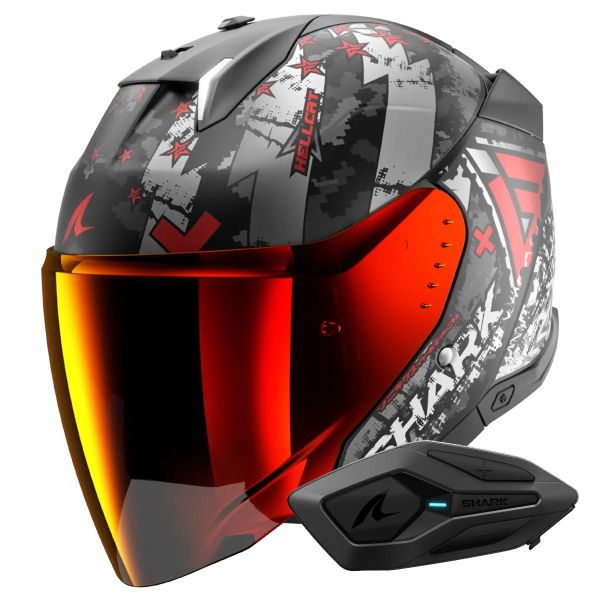 Open Face Shark Skwal i3 Jet Hellcat Mat KUR + Kit Bluetooth Sena for Shark