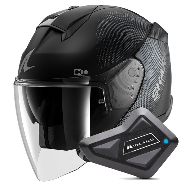 Open Face Shark Skwal i3 Jet SP Lyne Mat KAA + Kit Bluetooth BT Mini Single