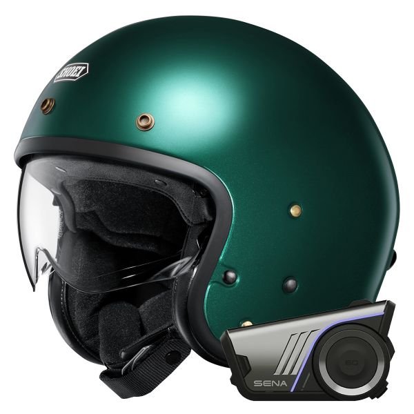 Open Face Shoei J.O2 British Green + Harman Kardon 60S Bluetooth Kit