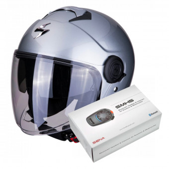 Casque Open Face Scorpion Exo City Silver + Kit Bluetooth Sena SMH5 Solo Casque Open Face Scorpion Exo City Silver + Kit Bluetooth Sena SMH5 Solo