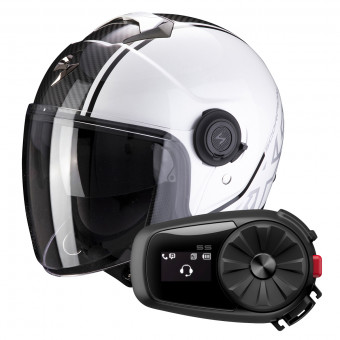 Open Face Scorpion Exo City Avenue White Black + Kit Bluetooth Sena 5S Solo