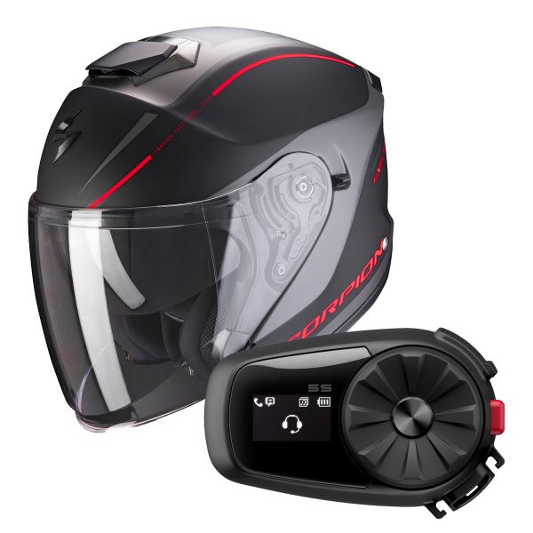 Open Face Scorpion Exo S1 Shadow Matt Black Red + Kit Bluetooth Sena 5S Solo