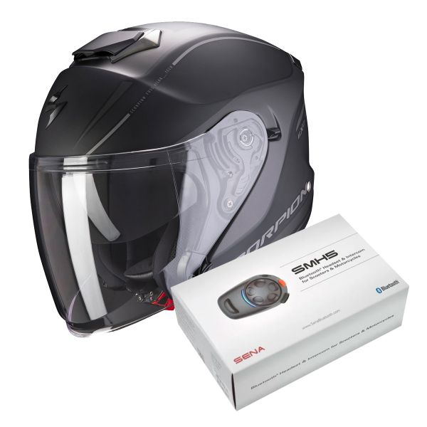 Open Face Scorpion Exo S1 Shadow Matt Black Silver + Kit Bluetooth Sena SMH5 Solo