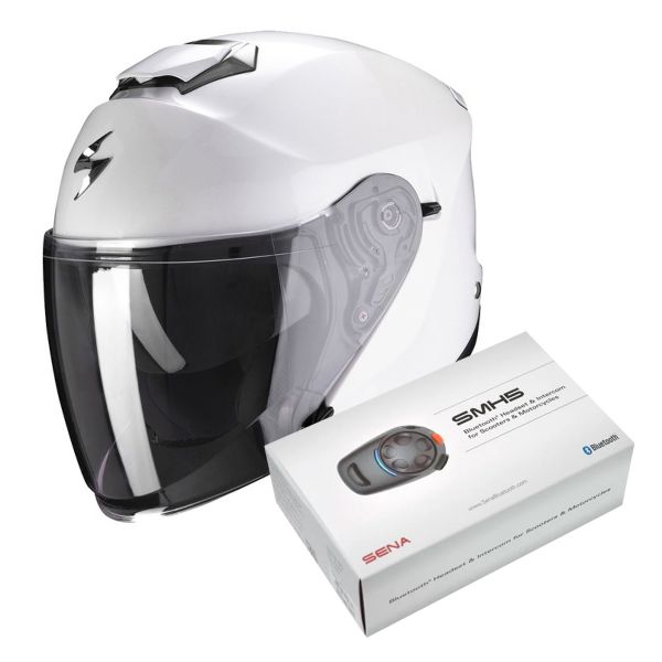 Open Face Scorpion Exo S1 White + Kit Bluetooth Sena SMH5 Solo