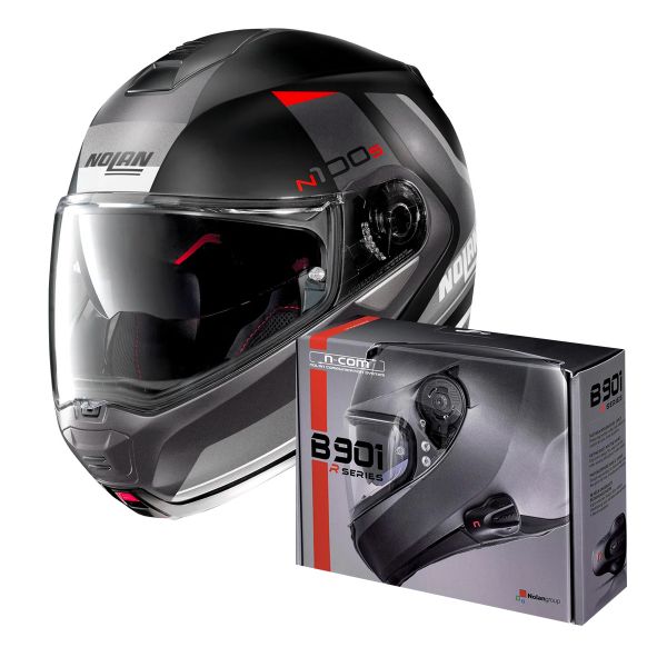 Flip Up Nolan N100 5 Hilltop N-Com Flat Black Grey 47 + Kit Bluetooth B901 R