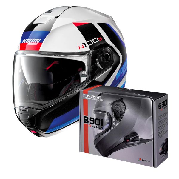 Flip Up Nolan N100 5 Hilltop N-Com White Blue 49 + Kit Bluetooth B901 R