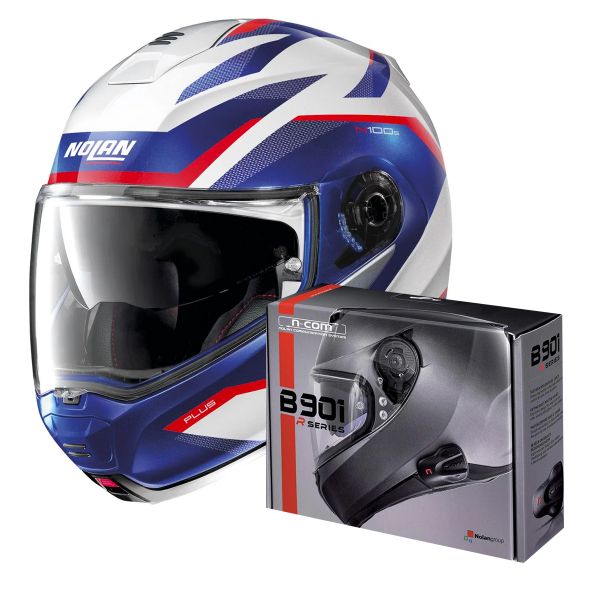 Flip Up Nolan N100 5 Plus Overland N-Com White Blue 35 + Kit Bluetooth B901 R