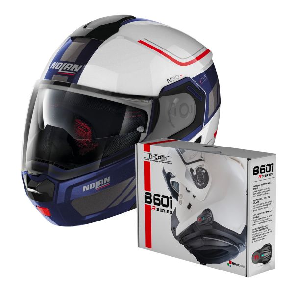 Flip Up Nolan N90 3 Voyager N-Com White Blue 20 + Kit Bluetooth B601R